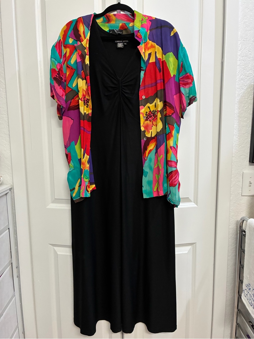 Carole Little Black Maxi Dress with Vibrant Multicolor Floral Jacket